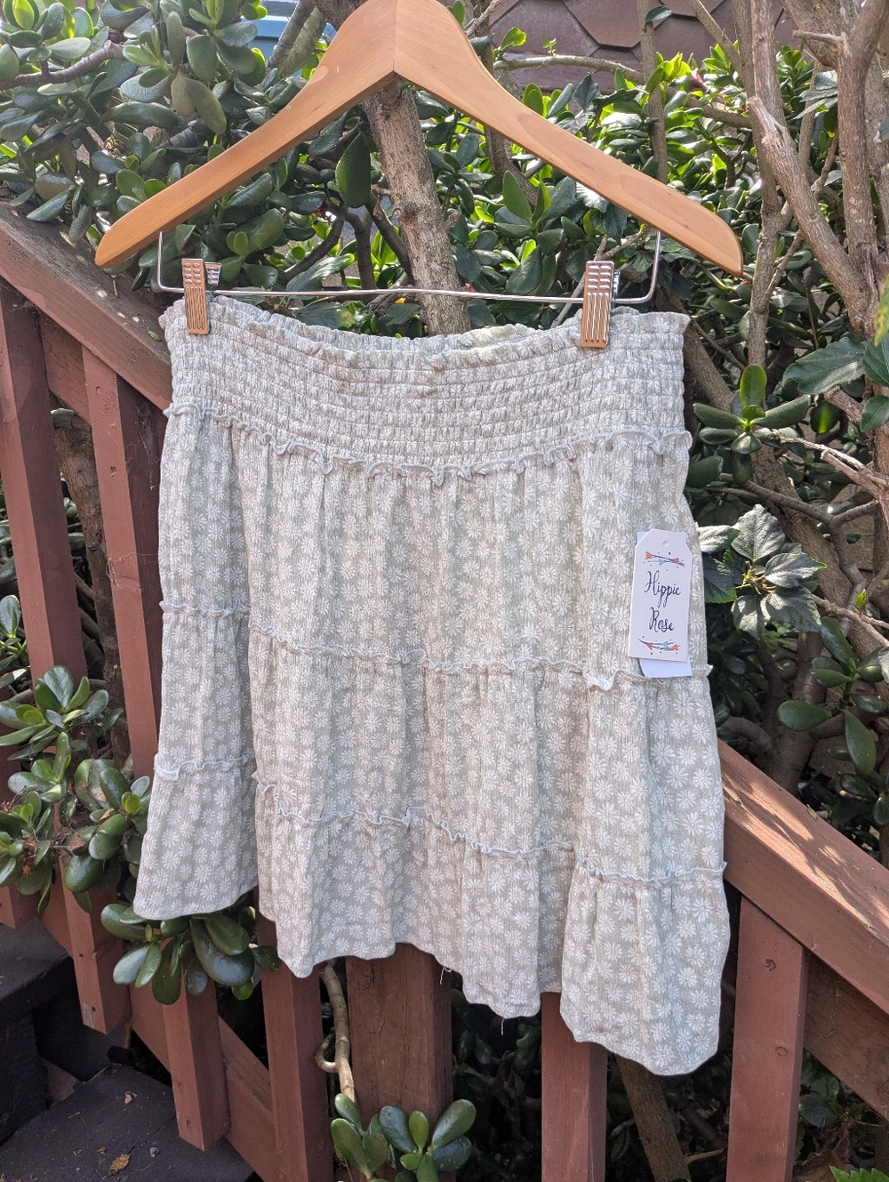 NWT Hippie Rose -Mint Floral Tiered Smocked Waist Skirt, XL